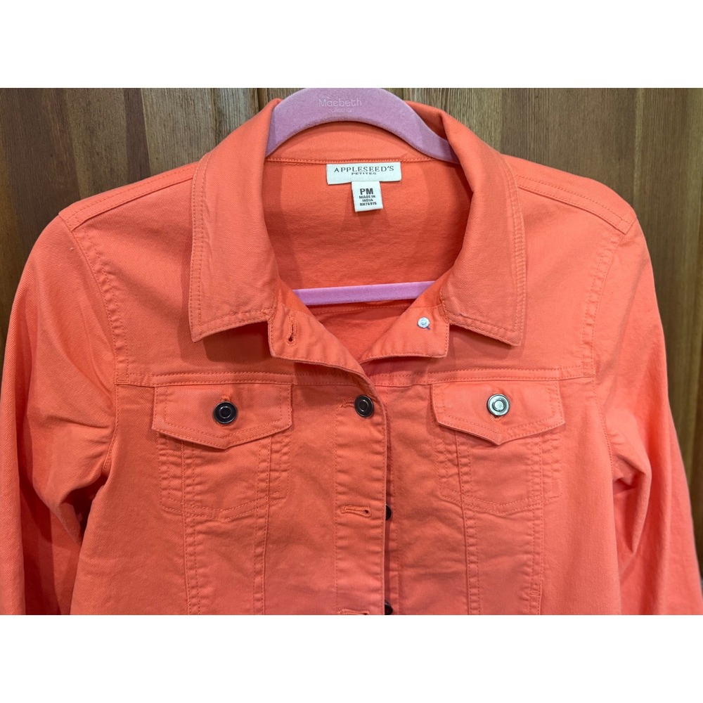 Appleseeds Petites Coral Papaya Denim Trucker Jacket Stretch Cotton PM - Picture 3 of 7